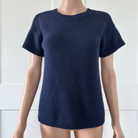 GAP Sweaters - Gap Navy Blue Ribbed Short Sleeves Sweater Tee Top White Tie Strap XSP XS Petite